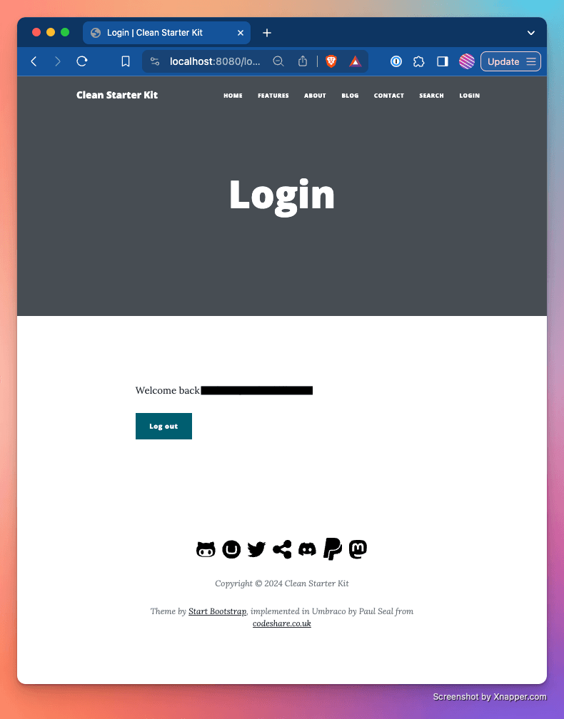 Login page showing logged in user