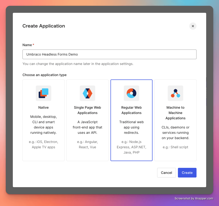 Creating a new Auth0 application