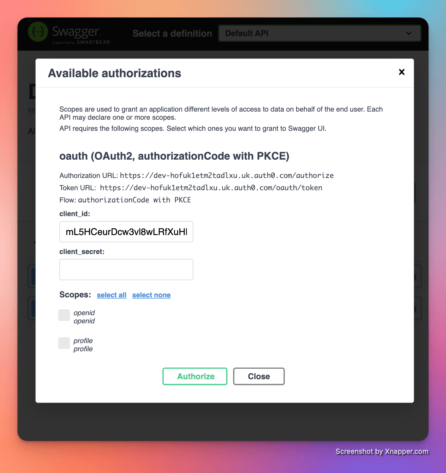 Swagger UI Authentication Dialog showing a filled in ClientId field, an empty ClientSecret field, and an unchecked checkbox list of scopes, along with "Authorize" and "Cancel" buttons