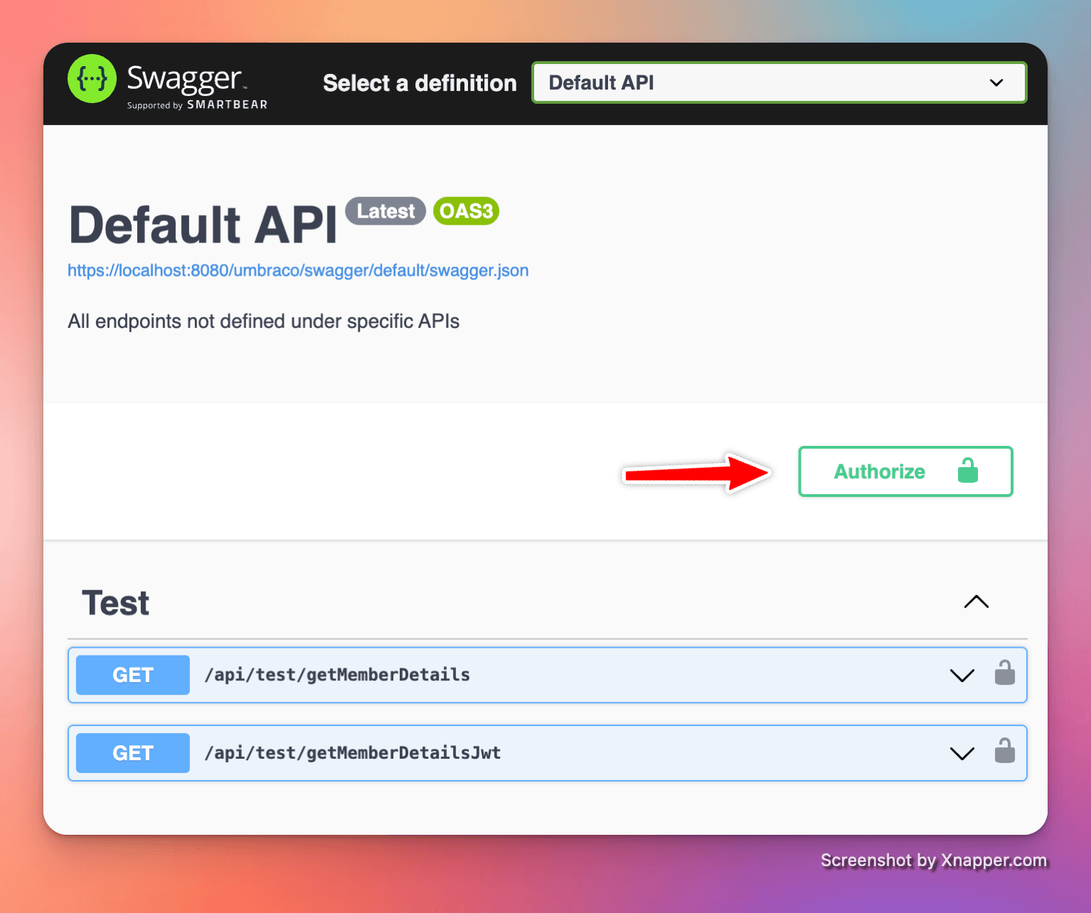Swagger UI home page with arrow highlighting "Authorize" button