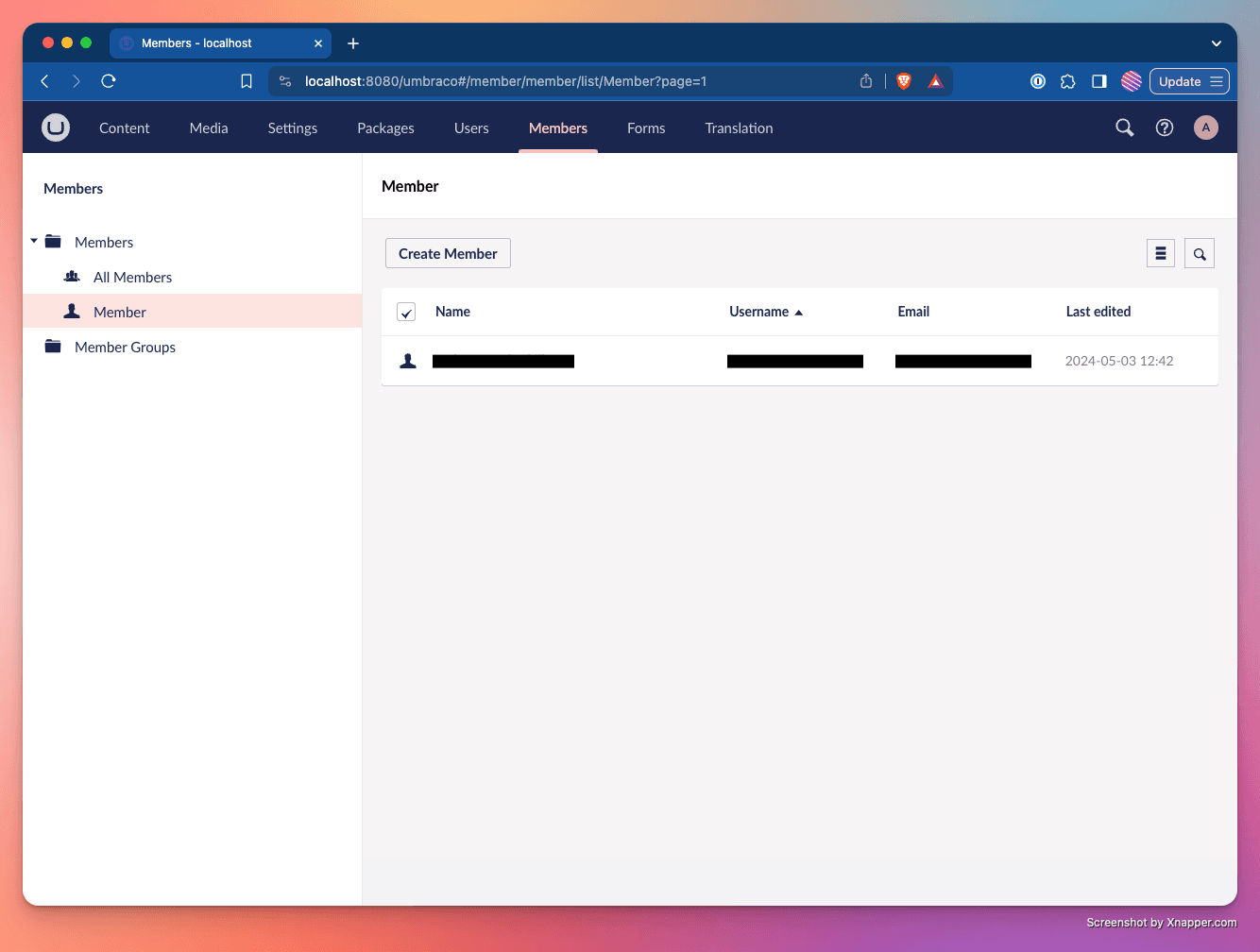 Umbraco members admin area showing new member